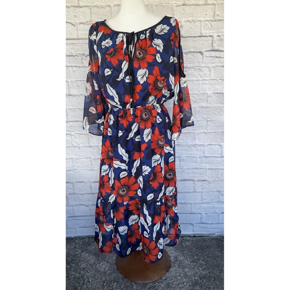 Beige by Eci Women's Floral Dress Red/Blue 3/4 Bell Sleeve Size Medium Lined